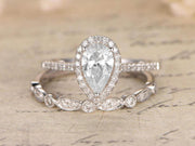 Superb 1.50 Carat Pear cut Moissanite & Diamond Wedding Ring Set in 10k White Gold

