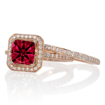 2 Carat Beautiful Ruby and Moissanite Diamond Halo Wedding Ring Set on 10k White Gold