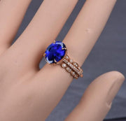 2 carat Sapphire and Moissanite Diamond Halo trio wedding ring Bridal Set in 10k Rose Gold