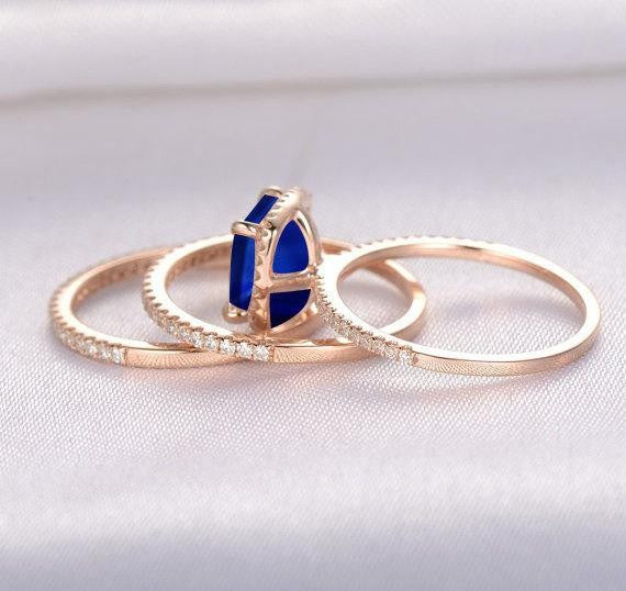 2 carat Blue Sapphire and Moissanite Diamond Halo trio wedding ring Bridal Set in 10k Rose Gold