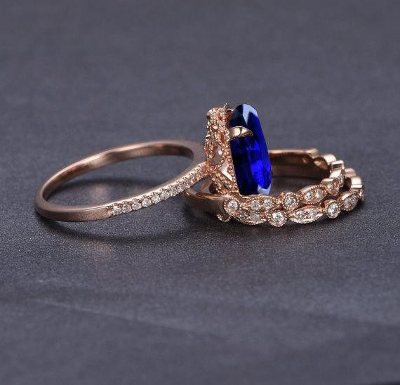 2 carat Sapphire and Moissanite Diamond Halo trio wedding ring Bridal Set in 10k Rose Gold