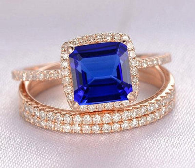 2 carat Blue Sapphire and Moissanite Diamond Halo trio wedding ring Bridal Set in 10k Rose Gold