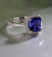 2 Carat cushion cut Blue Sapphire and Moissanite Diamond Halo Engagement Ring in White Gold