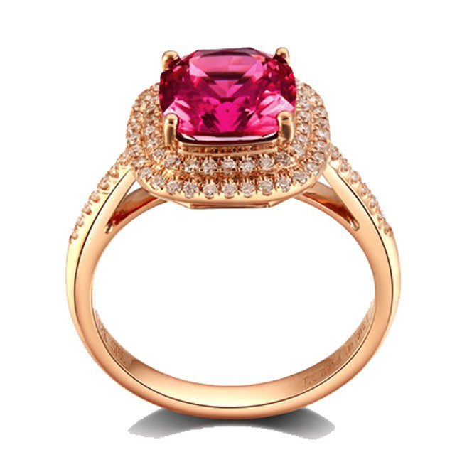 2 Carat cushion cut Ruby and Moissanite Diamond Halo Engagement Ring in Yellow Gold