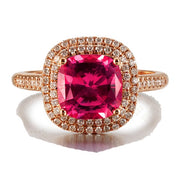 2 Carat cushion cut Ruby and Moissanite Diamond Halo Engagement Ring in Yellow Gold
