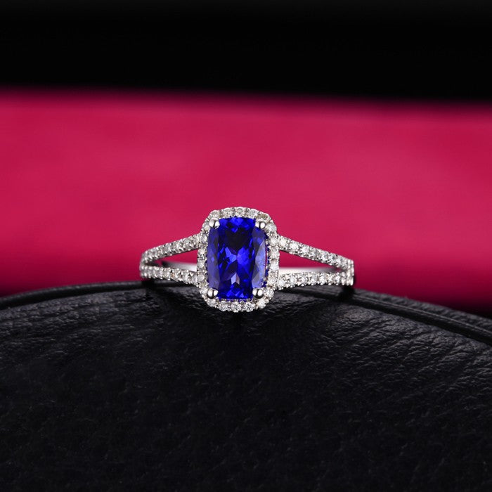 2 Carat cushion cut Sapphire and Moissanite Diamond Halo Engagement Ring in White Gold