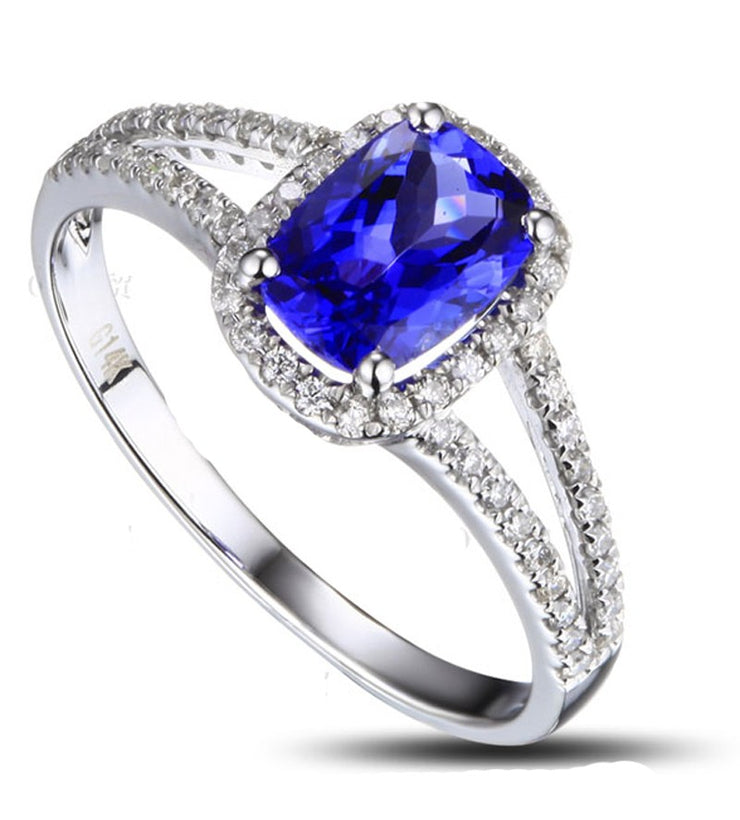 2 Carat cushion cut Sapphire and Moissanite Diamond Halo Engagement Ring in White Gold