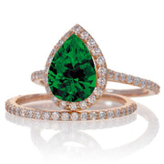 2 ct Emerald and Moissanite Diamond Halo Bridal Ring Set on 10k Rose Gold