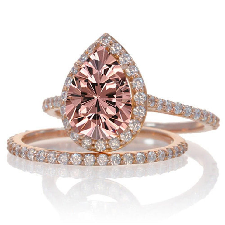 2 Carat Morganite and Diamond Halo Bridal Ring Set 