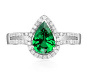 2 Carat Emerald and Moissanite Diamond Halo Engagement Ring in White Gold