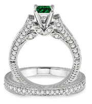 2 Carat Emerald 2.10 Carat Emerald Antique Bridal Set Engagement Ring on 10k White Gold