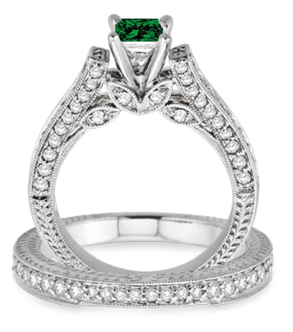2 Carat Emerald 2.10 Carat Emerald Antique Bridal Set Engagement Ring on 10k White Gold