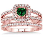 2 Carat Emerald Antique Bridal set Halo Ring on 10k Rose Gold