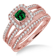 2 Carat Emerald Antique Bridal set Halo Ring on 10k Rose Gold