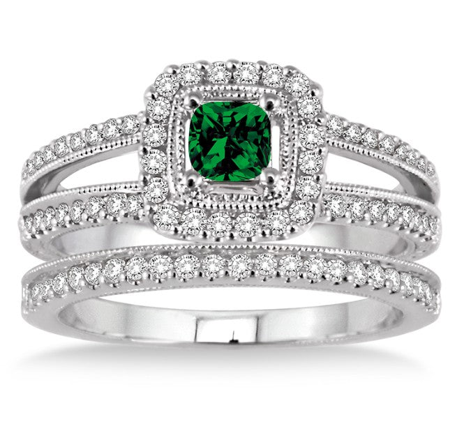 2 Carat Emerald Antique Bridal set Halo Ring on 10k White Gold