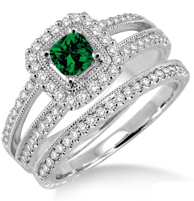 2 Carat Emerald Antique Bridal set Halo Ring on 10k White Gold