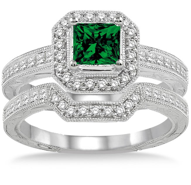 2 Carat Emerald Antique Halo Bridal set on 10k White Gold