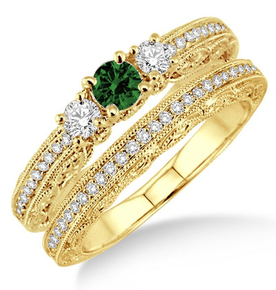 2 Carat Emerald Antique Milgrain Bridal set on 10k Yellow Gold