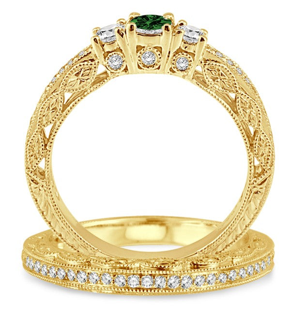 2 Carat Emerald Antique Milgrain Bridal set on 10k Yellow Gold