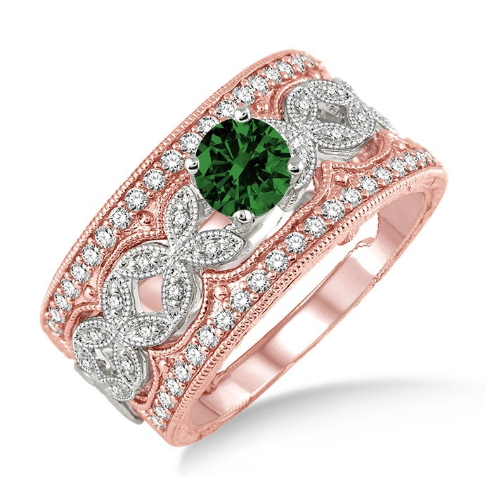 2 Carat Emerald Antique Trio Bridal Set Engagement Ring on 10k White Gold