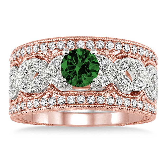 2 Carat Emerald Antique Trio Bridal Set Engagement Ring on 10k White Gold