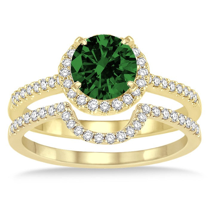 2 Carat Emerald Halo Bridal Set Engagement Ring on 10k Yellow Gold