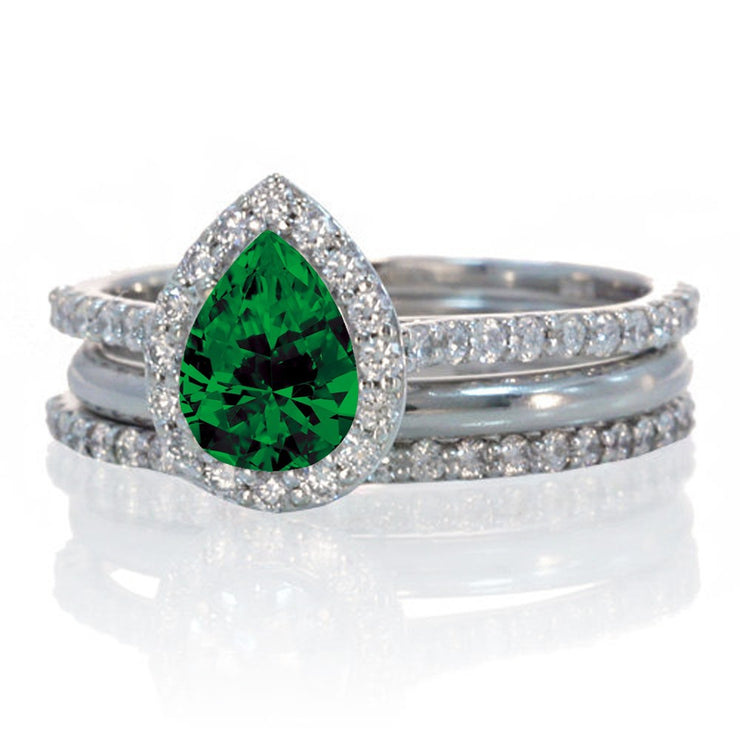 2 Carat Pear Cut Emerald Halo Bridal Set for Woman on 10k White Gold