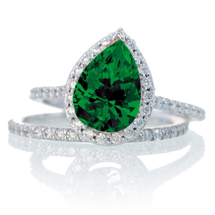 2 Carat Pear Cut Emerald Halo Bridal Set for Woman on 10k White Gold