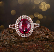 2 Carat Ruby and Moissanite Diamond Halo Engagement Ring in Rose Gold for Women