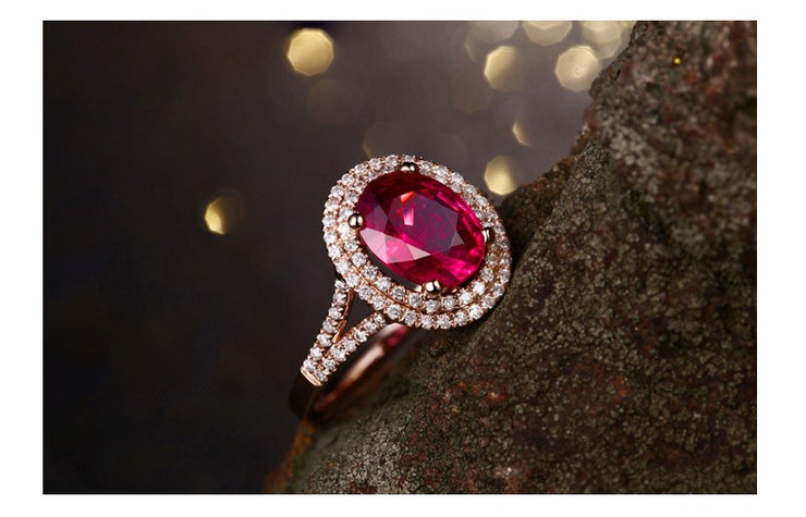 2 Carat Ruby and Moissanite Diamond Halo Engagement Ring in Rose Gold for Women