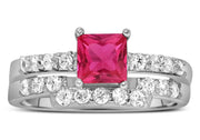 2 Carat Ruby and Moissanite Diamond Wedding Ring Set in White Gold