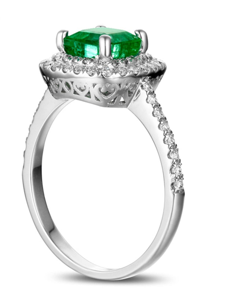 2 Carat princess cut Emerald and Moissanite Diamond Double Halo Engagement Ring in White Gold