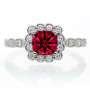 2 Carat Ruby and Moissanite Diamond Halo Bridal Ring Set on 10k Rose Gold