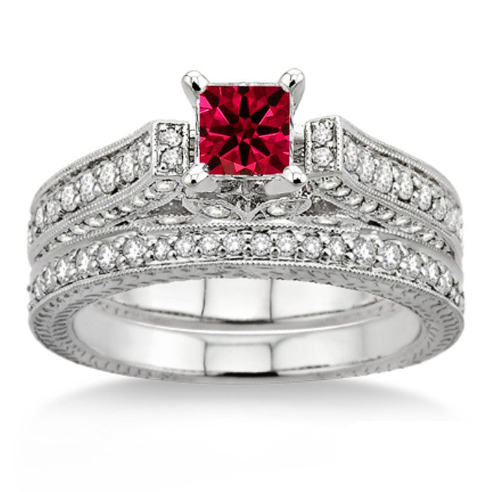 2 Carat Ruby 2.10 Carat Ruby Antique Bridal Set Engagement Ring on 10k White Gold