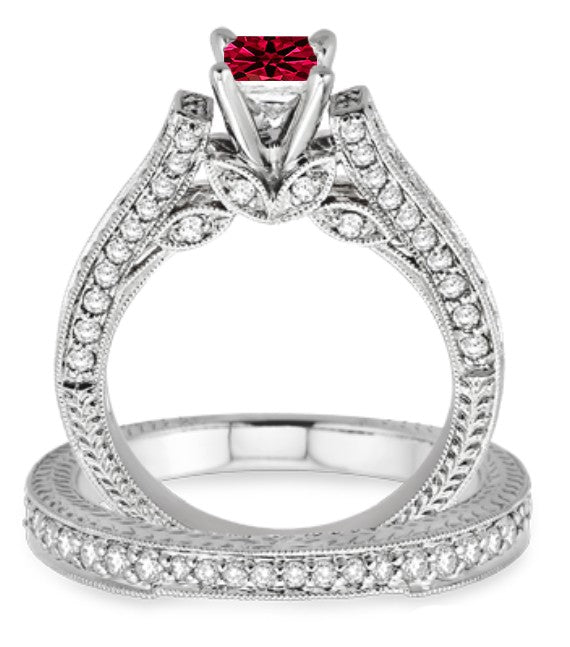 2 Carat Ruby 2.10 Carat Ruby Antique Bridal Set Engagement Ring on 10k White Gold