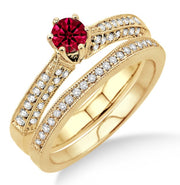 2 Carat Ruby Antique Bridal Set Engagement Ring on 10k Yellow Gold