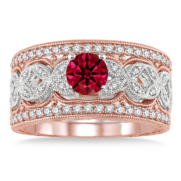 Antique 2 Carat Ruby Trio Bridal Set Engagement Ring on 10k White Gold