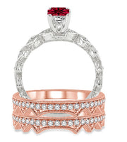 2 Carat Ruby Antique Trio Bridal Set Engagement Ring on 10k White Gold