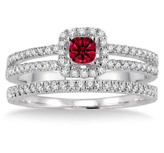 2 Carat Ruby Bridal Set two row halo on 10k Yellow Gold