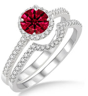 2 Carat Ruby Halo Bridal Set Engagement Ring on 10k White Gold