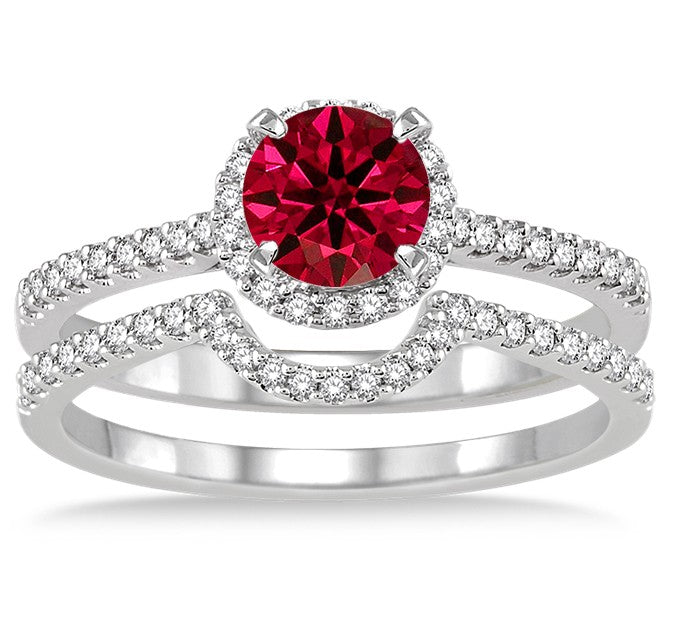 2 Carat Ruby Halo Bridal Set Engagement Ring on 10k White Gold
