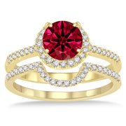 2 Carat Ruby Halo Bridal Set Engagement Ring on 10k Yellow Gold