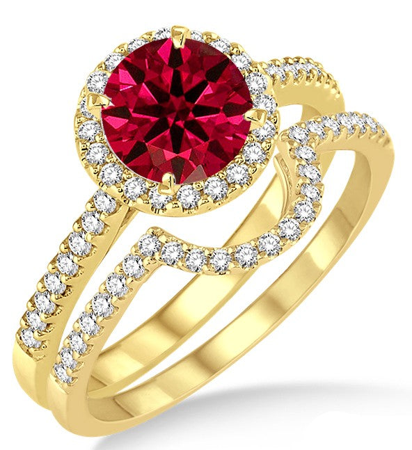2 Carat Ruby Halo Bridal Set Engagement Ring on 10k Yellow Gold