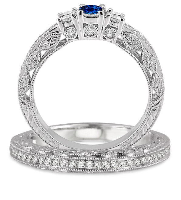 2 Carat Sapphire and Moissanite Diamond Antique Bridal set on 10k White Gold