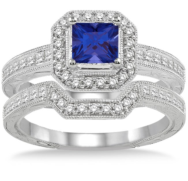 2 Carat Sapphire and Moissanite Diamond Antique Halo Bridal set on 10k White Gold