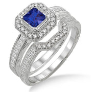 2 Carat Sapphire and Moissanite Diamond Antique Halo Bridal set on 10k White Gold