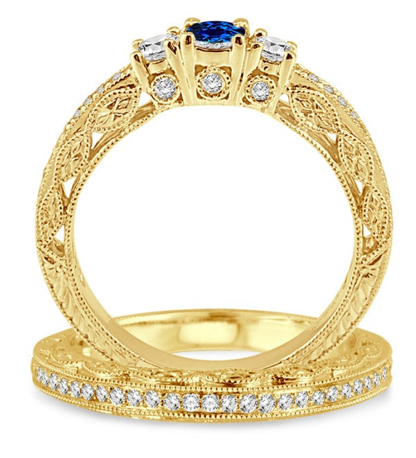2 Carat Sapphire and Moissanite Diamond Antique Milgrain Bridal set on 10k Yellow Gold