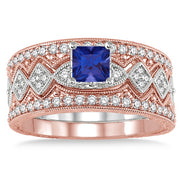 2 Carat Sapphire and Moissanite Diamond Antique Trio Bridal Set Engagement Ring on 10k White Gold