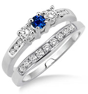 2 Carat Sapphire and Moissanite Diamond Elegant Three Stone Trilogy Round Cut Bridal set on 10k White Gold