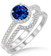 2 Carat Sapphire and Moissanite Diamond Halo Bridal Set Engagement Ring on 10k White Gold